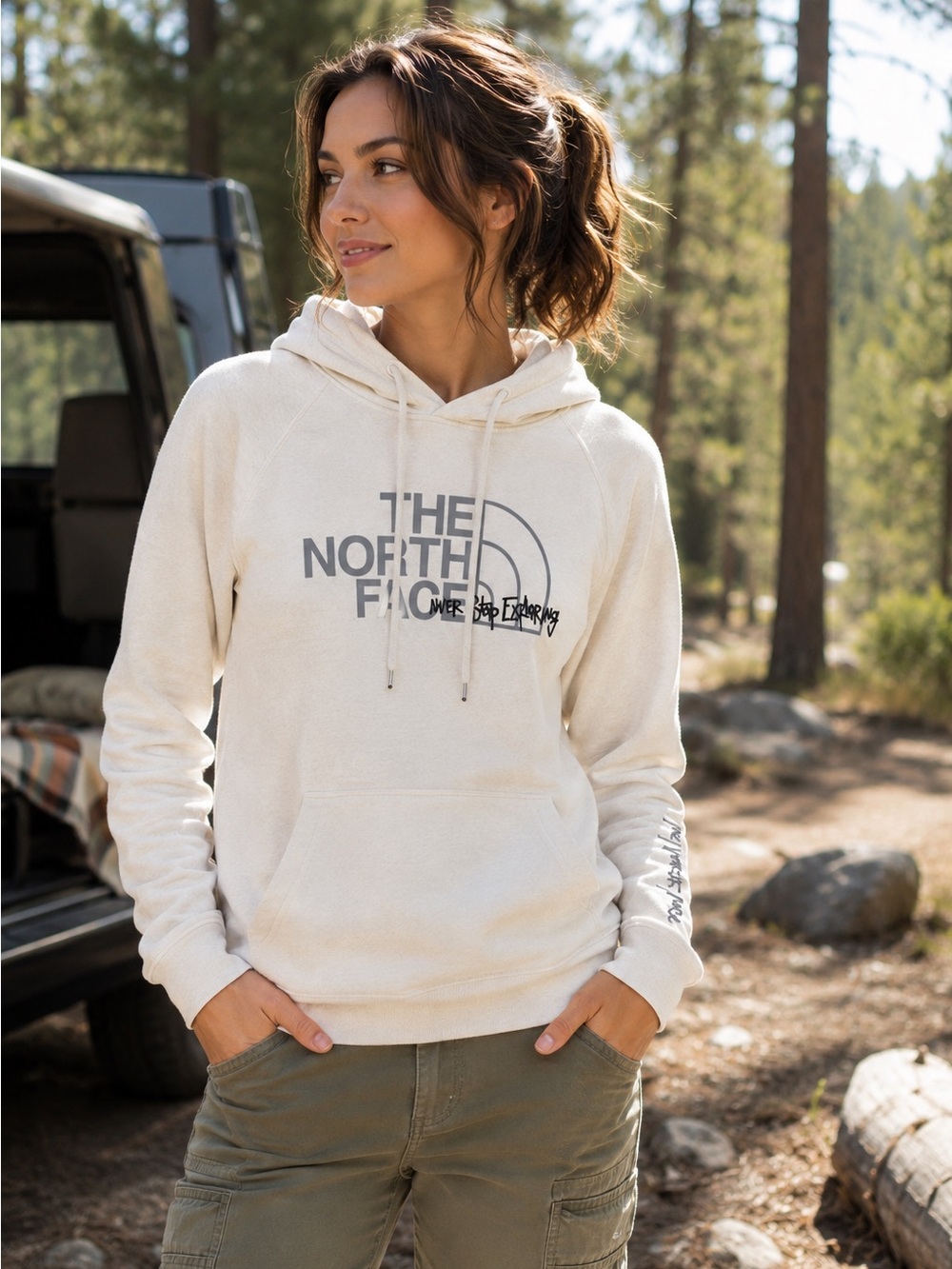 The North Face Womens Cream Never Stop Exploring Graphic Hoodie Sweatshirt Small